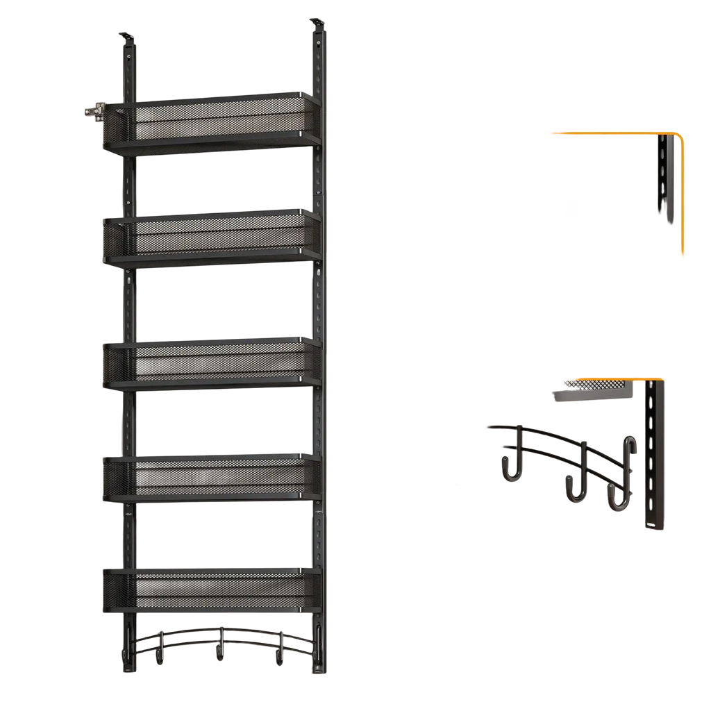 Black metal mesh storage rack with five adjustable shelves and hooks for over the door organizer white iron hanging rack