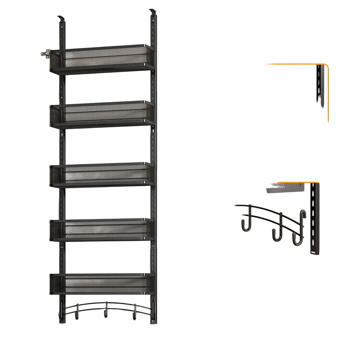 Black metal mesh storage rack with five adjustable shelves and hooks for over the door organizer white iron hanging rack