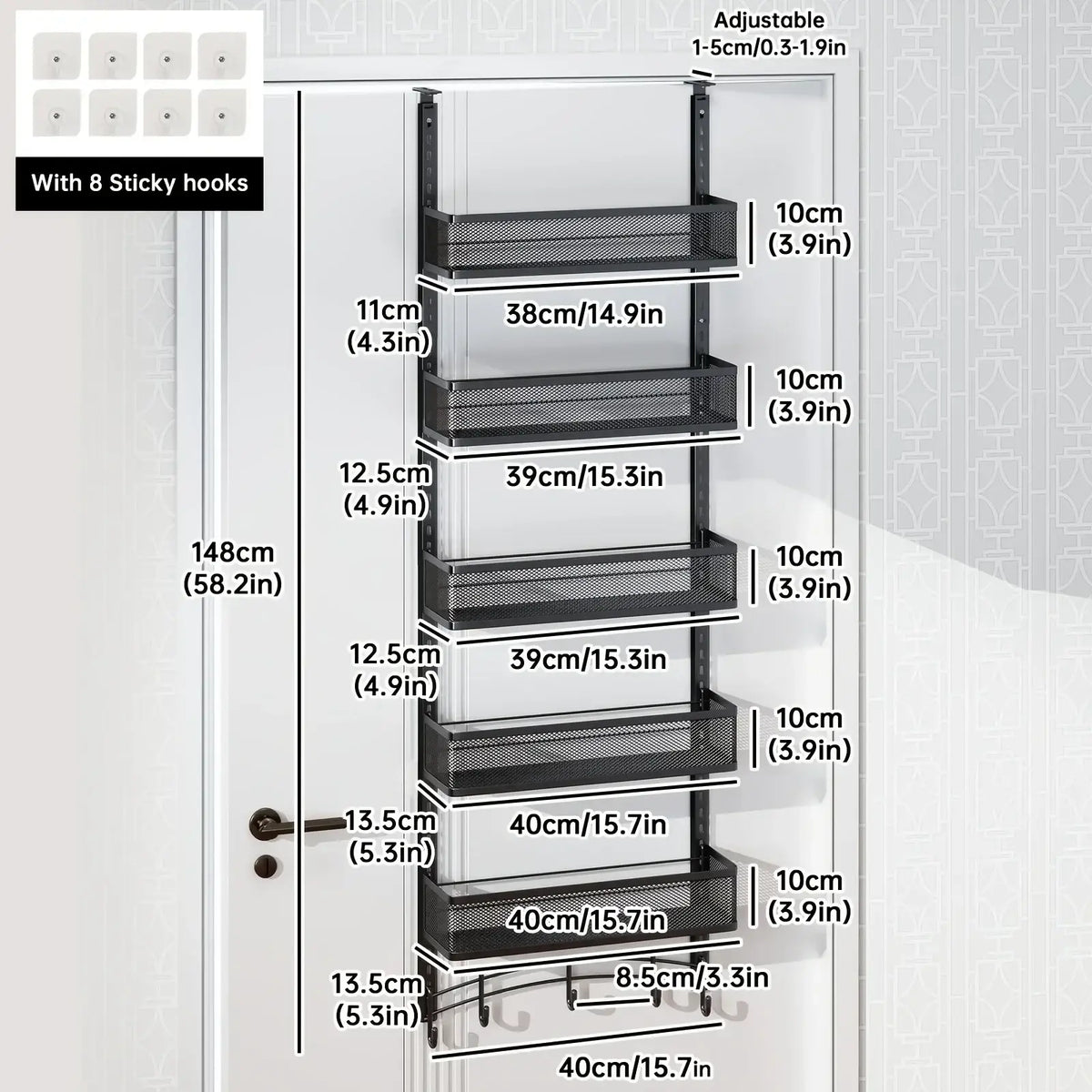 Black metal mesh door-mounted storage rack with adjustable shelves and sticky hooks for over the door organization