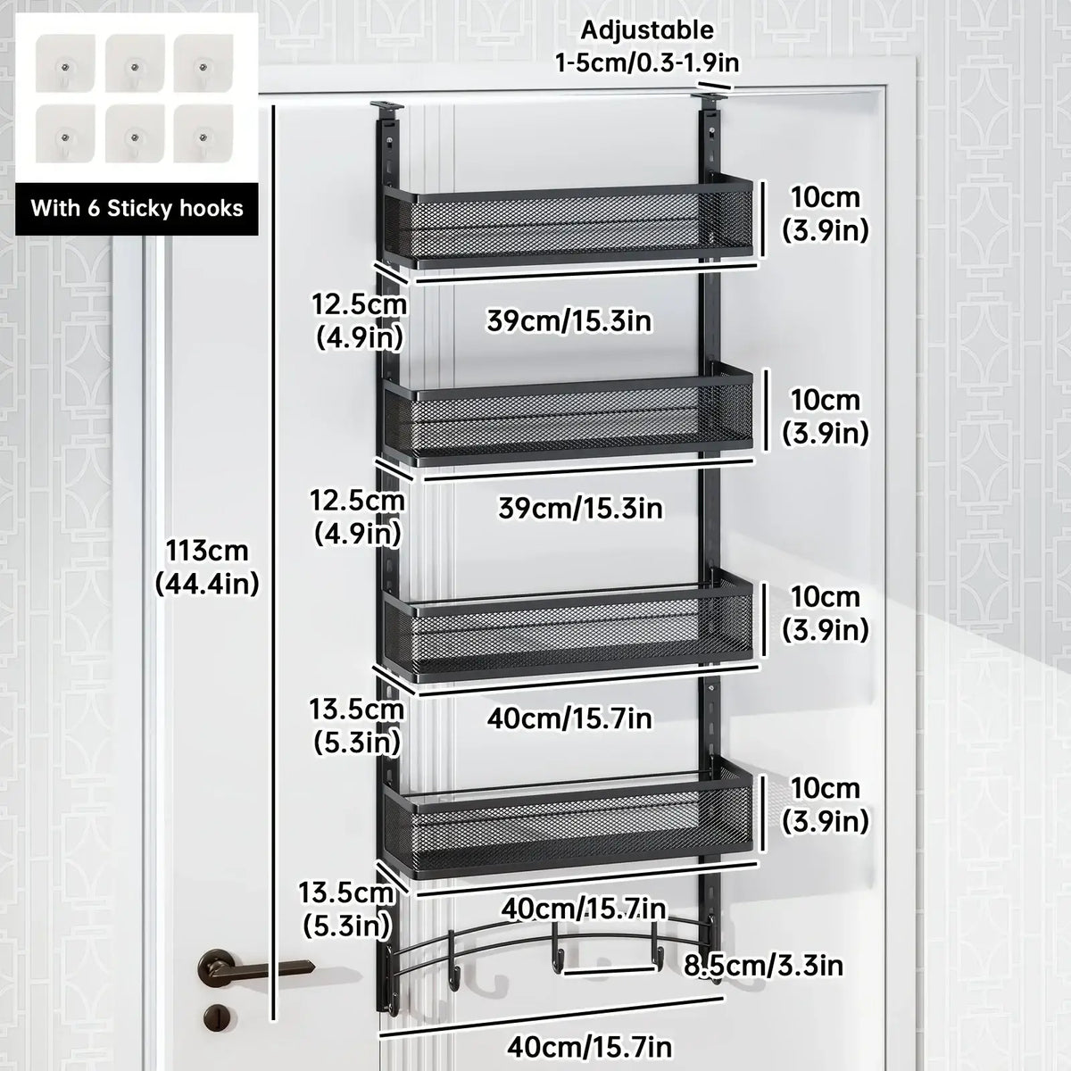 Black metal mesh over the door organizer with adjustable shelves and sticky hooks for spice storage