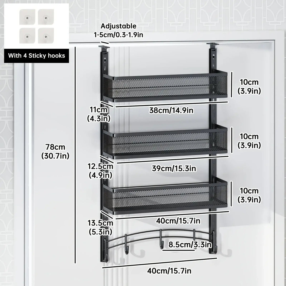 Black metal mesh shelf unit with adjustable height and four sticky hooks for over the door white iron hanging rack
