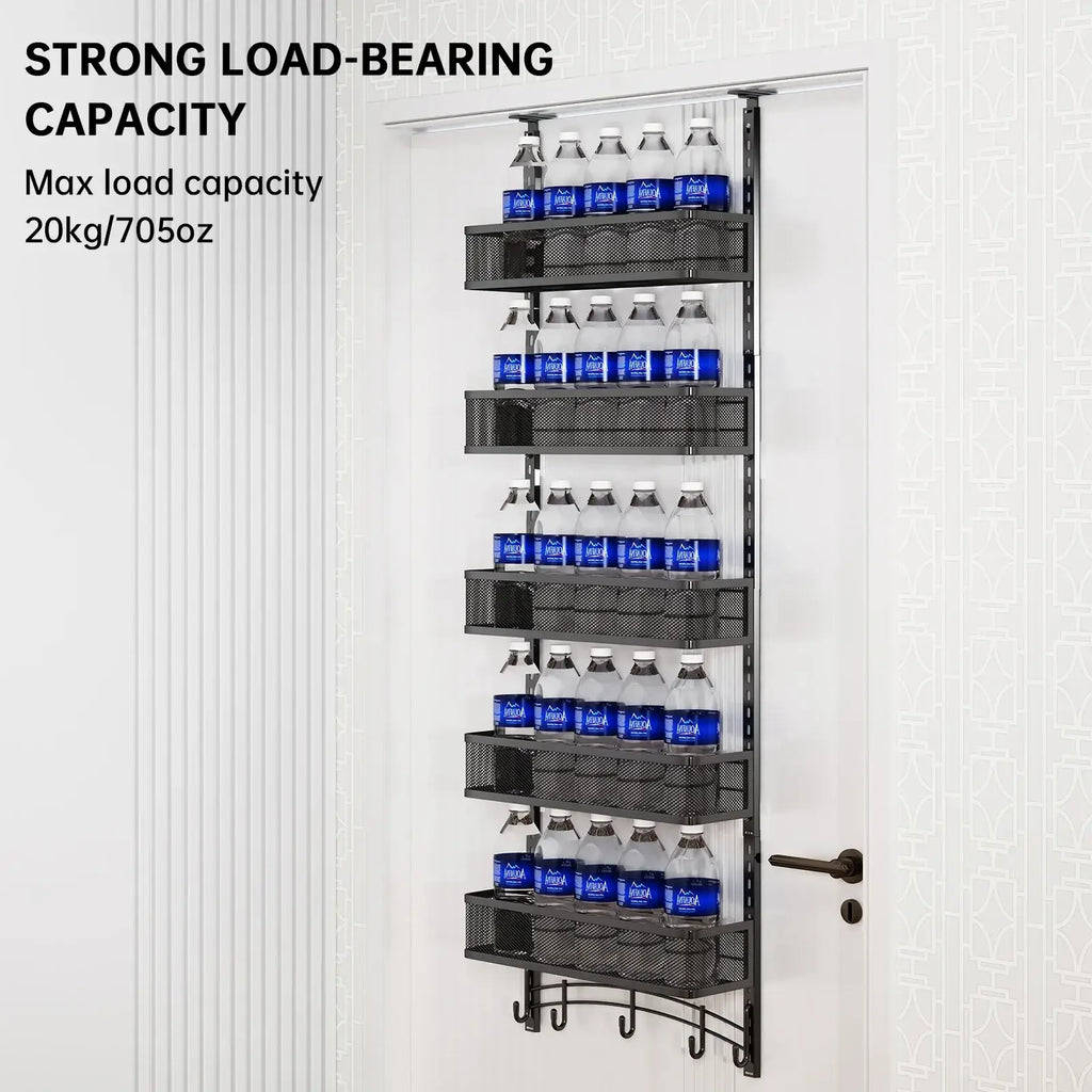 Black metal over the door organizer with five mesh shelves holding blue-labeled water bottles for storage