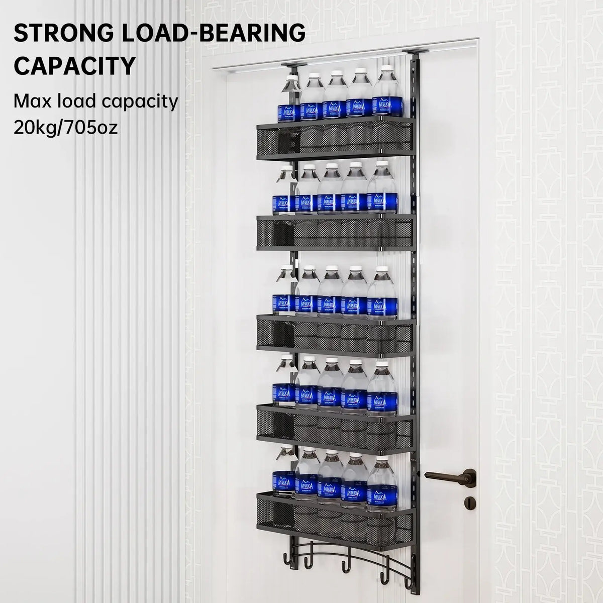 Black metal over the door organizer with five mesh shelves holding blue-labeled water bottles for storage