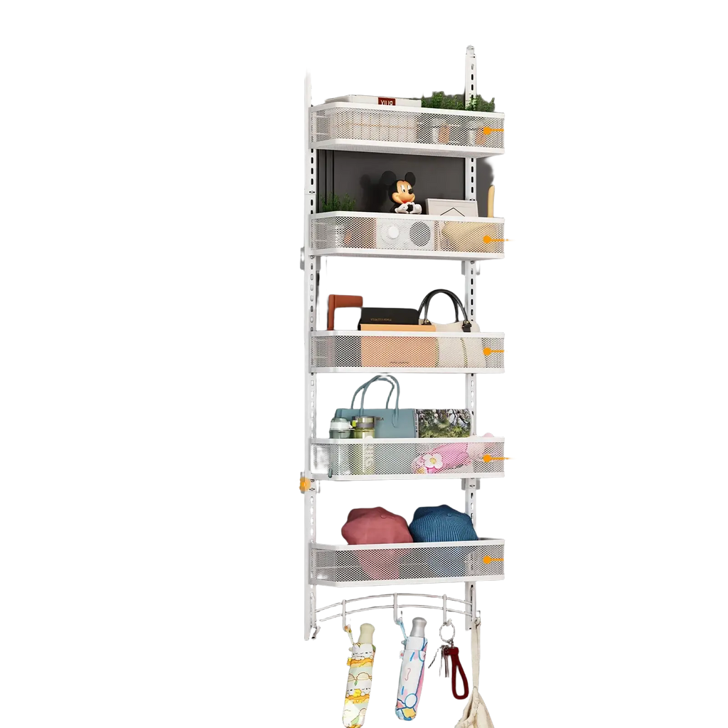 White mesh over the door organizer iron hanging rack with adjustable brackets and multiple shelves for storage
