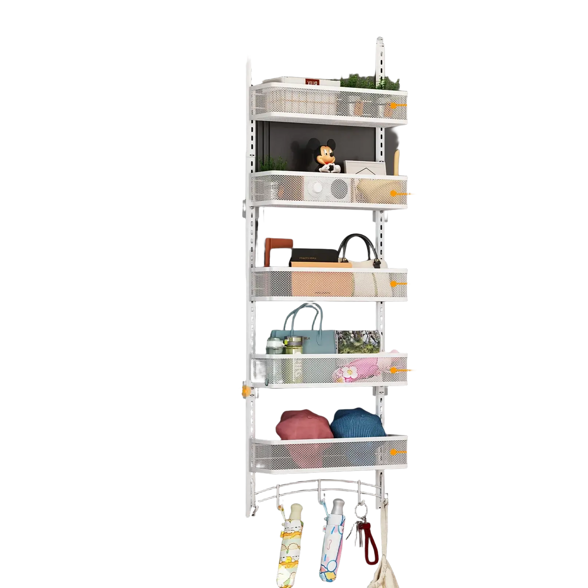 White mesh over the door organizer iron hanging rack with adjustable brackets and multiple shelves for storage