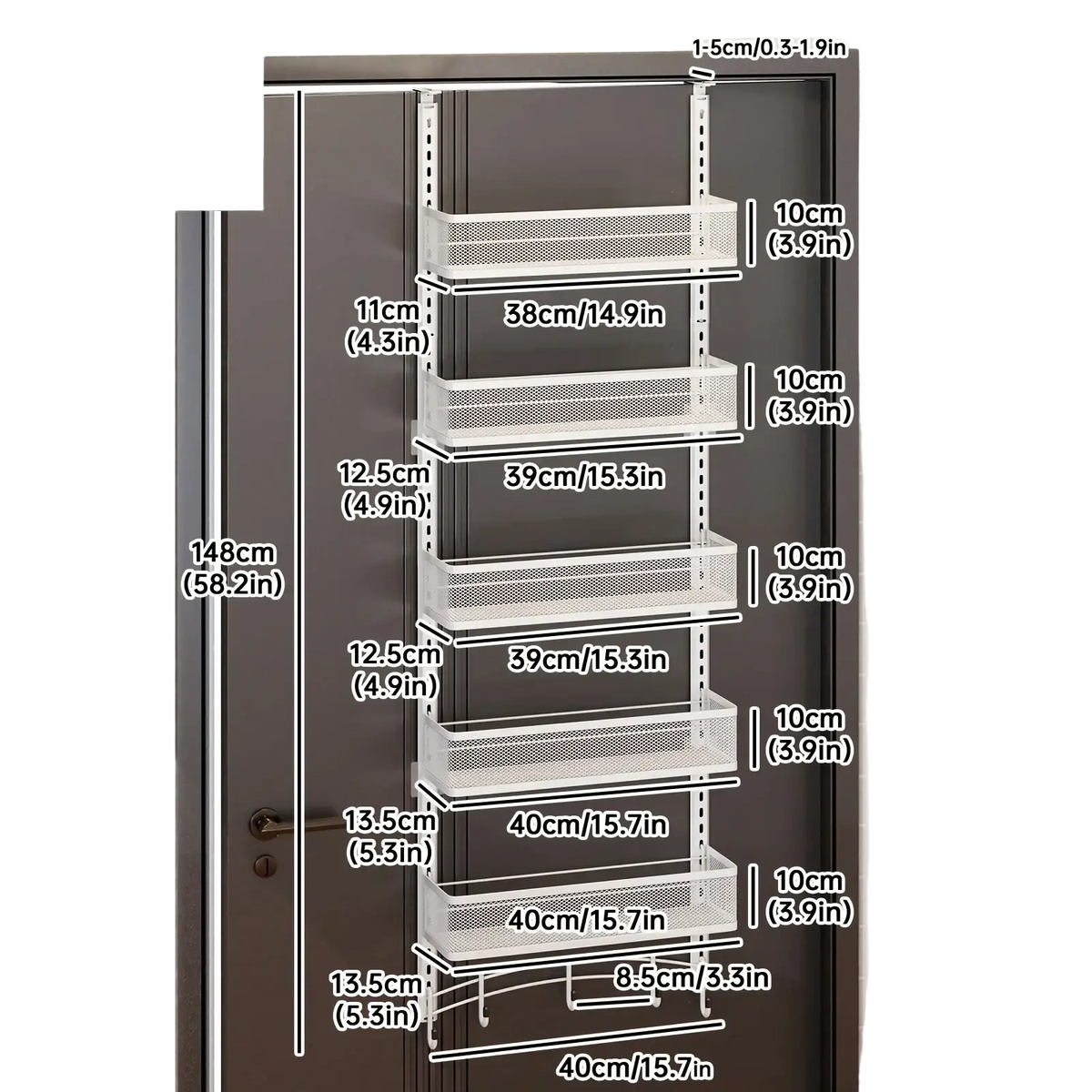 Over the door organizer white iron hanging rack with white mesh storage, adjustable height, and eight sticky hooks