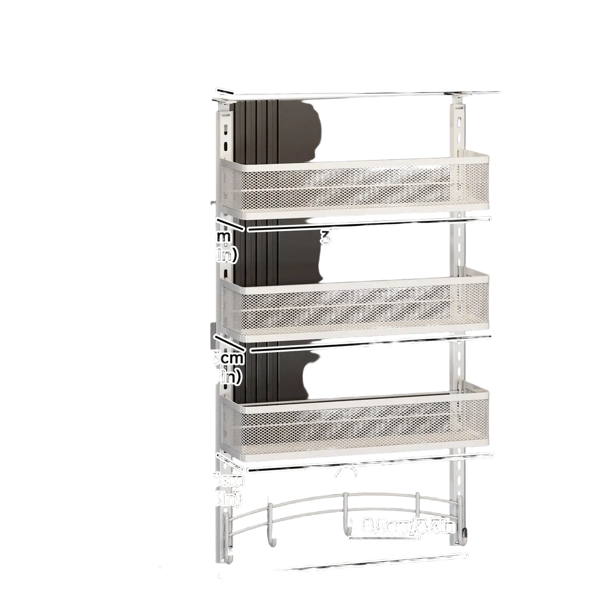 White metal adjustable over the door organizer with three mesh shelves and sticky hooks for spice storage
