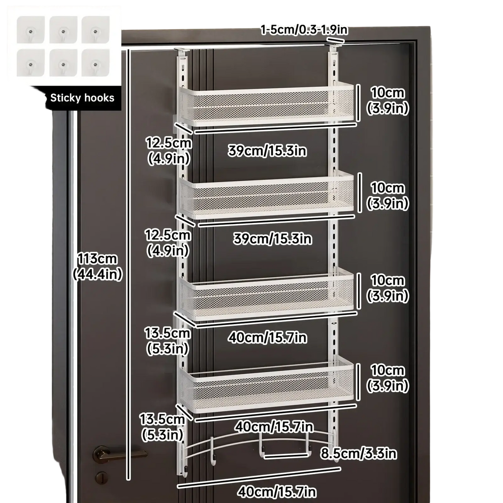 White iron over the door organizer with four adjustable mesh shelves and six sticky hooks for pantry storage