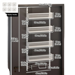 White iron over the door organizer with four adjustable mesh shelves and six sticky hooks for pantry storage