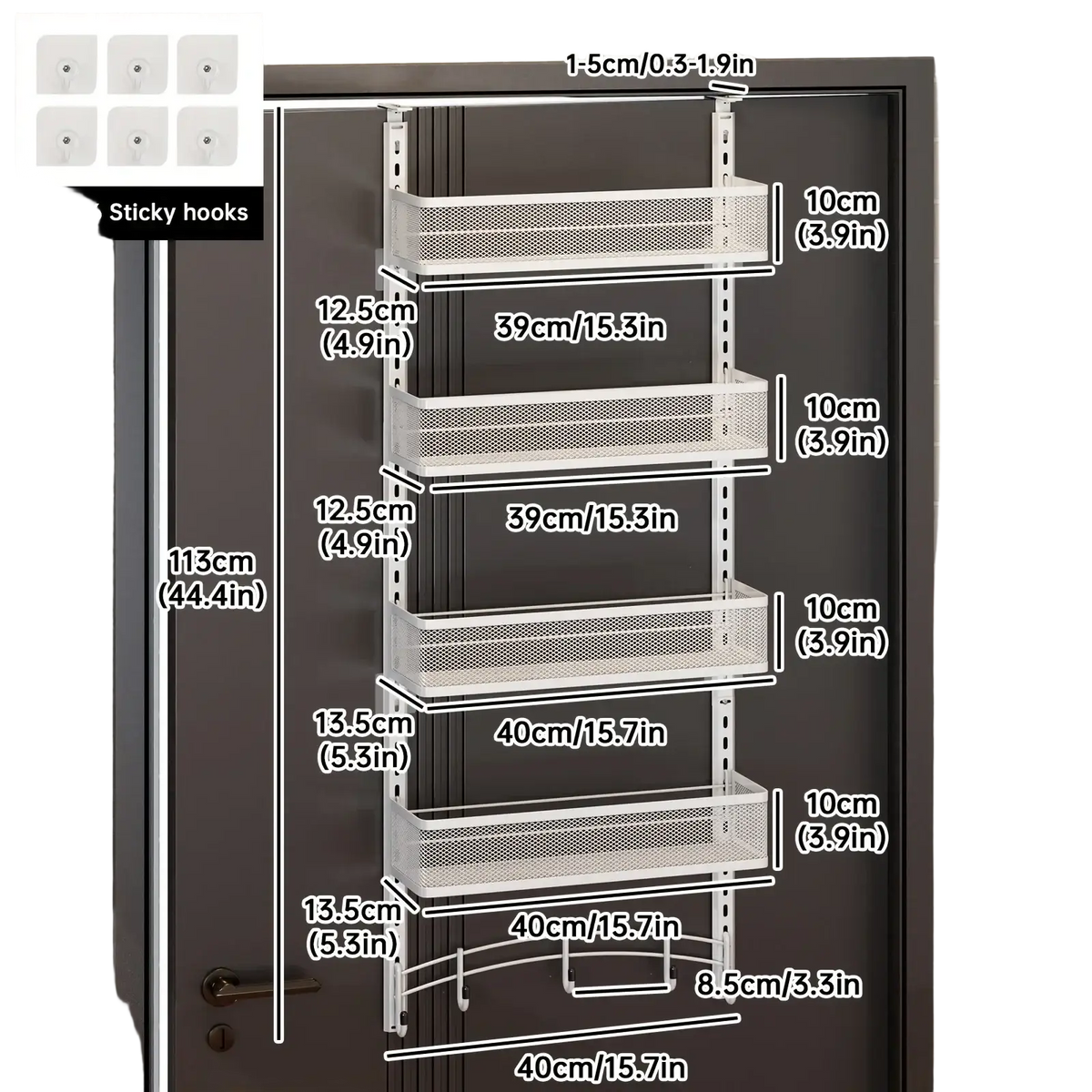 White iron over the door organizer with four adjustable mesh shelves and six sticky hooks for pantry storage