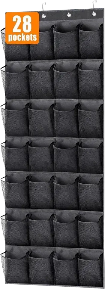 Black fabric over the door shoe organizer with 28 pockets designed for hanging on a door or wall