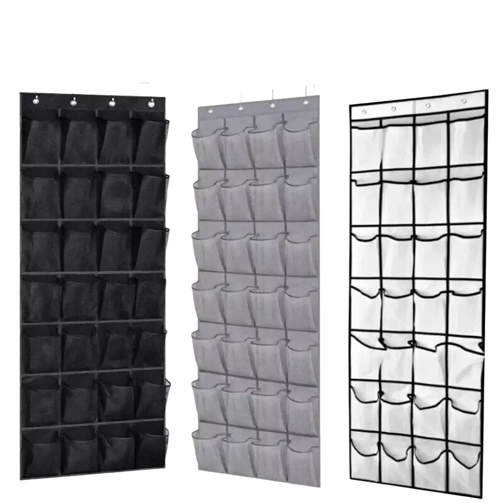Black gray and white mesh over the door shoe organizer with 28 pockets and four hooks for door shoe storage