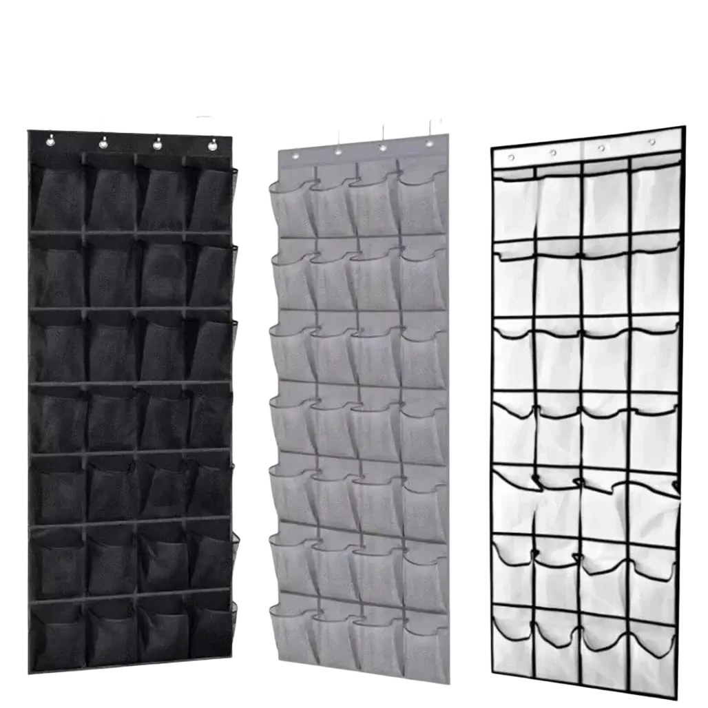Black gray and white mesh over the door shoe organizer with 28 pockets and four hooks for door shoe storage