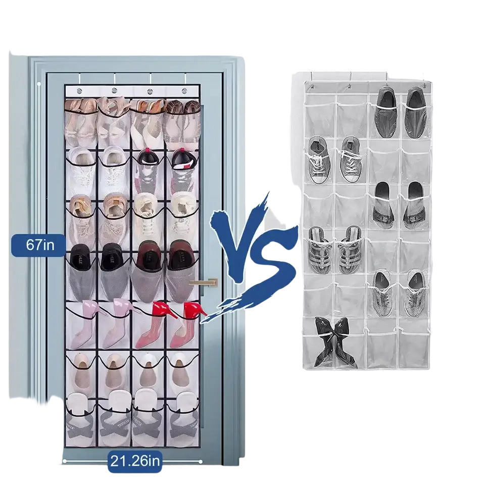 A clear 67-inch tall over the door shoe organizer with 28 transparent pockets and a black grid frame door shoe organizer