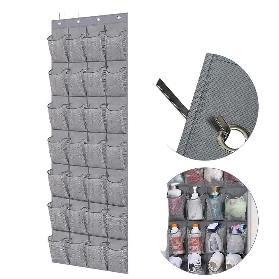 Gray mesh over the door shoe organizer with 28 pockets and four hooks for efficient shoe storage and organization
