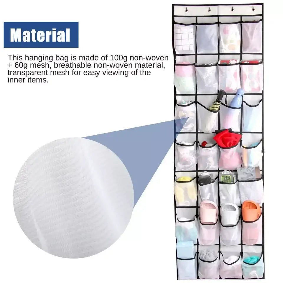 White over the door shoe organizer with 28 transparent mesh pockets and black trim for efficient shoe storage