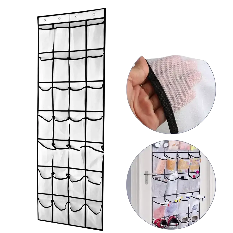 White mesh over the door shoe organizer with black trim 28 pockets and four hooks for easy door shoe storage