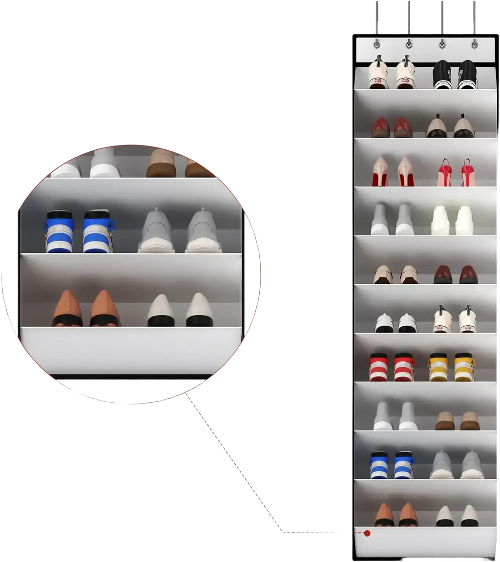 White over the door shoe organizer with 10 tiers holding various shoes for efficient door shoe storage