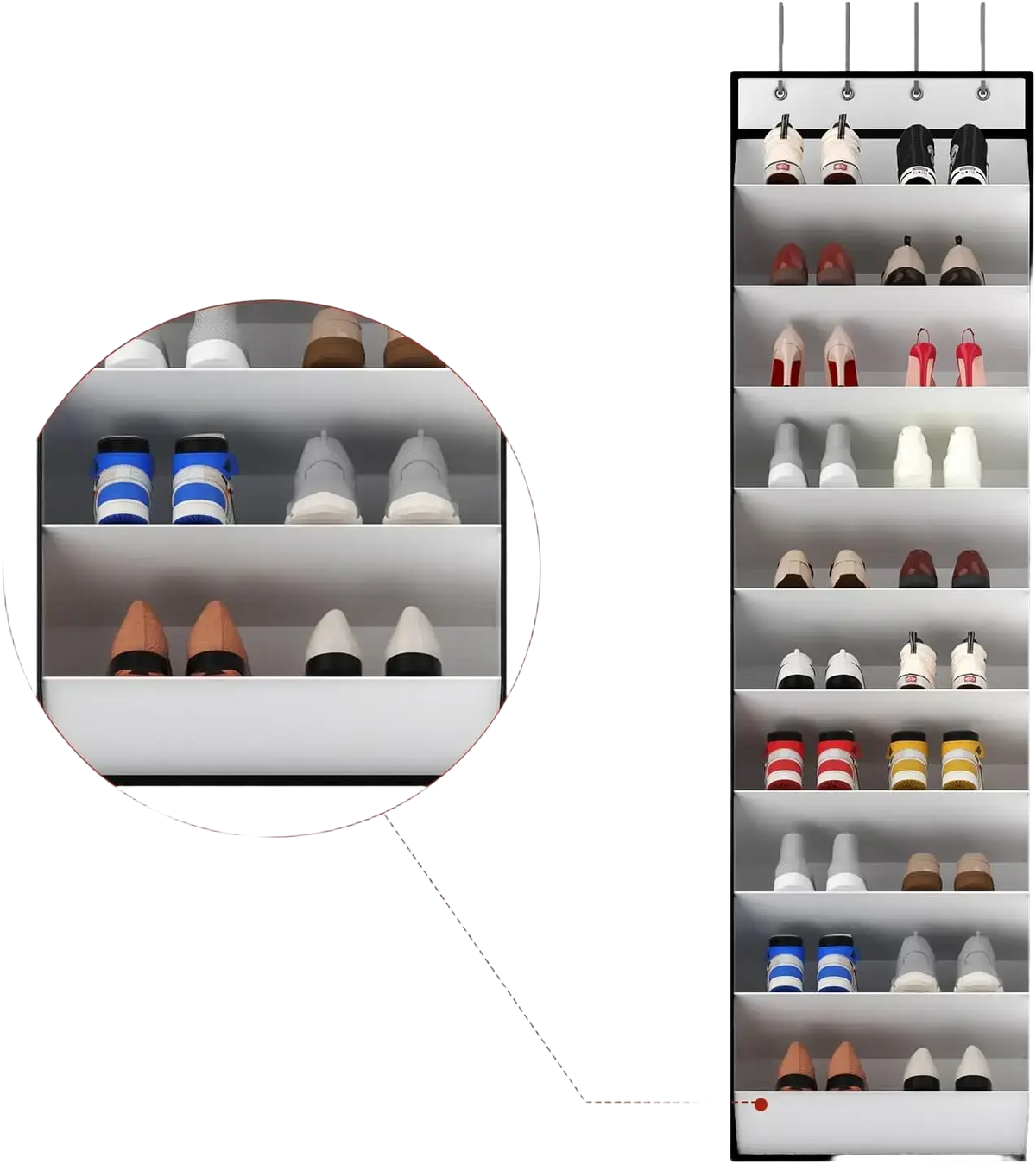 White over the door shoe organizer with 10 tiers holding various shoes for efficient door shoe storage