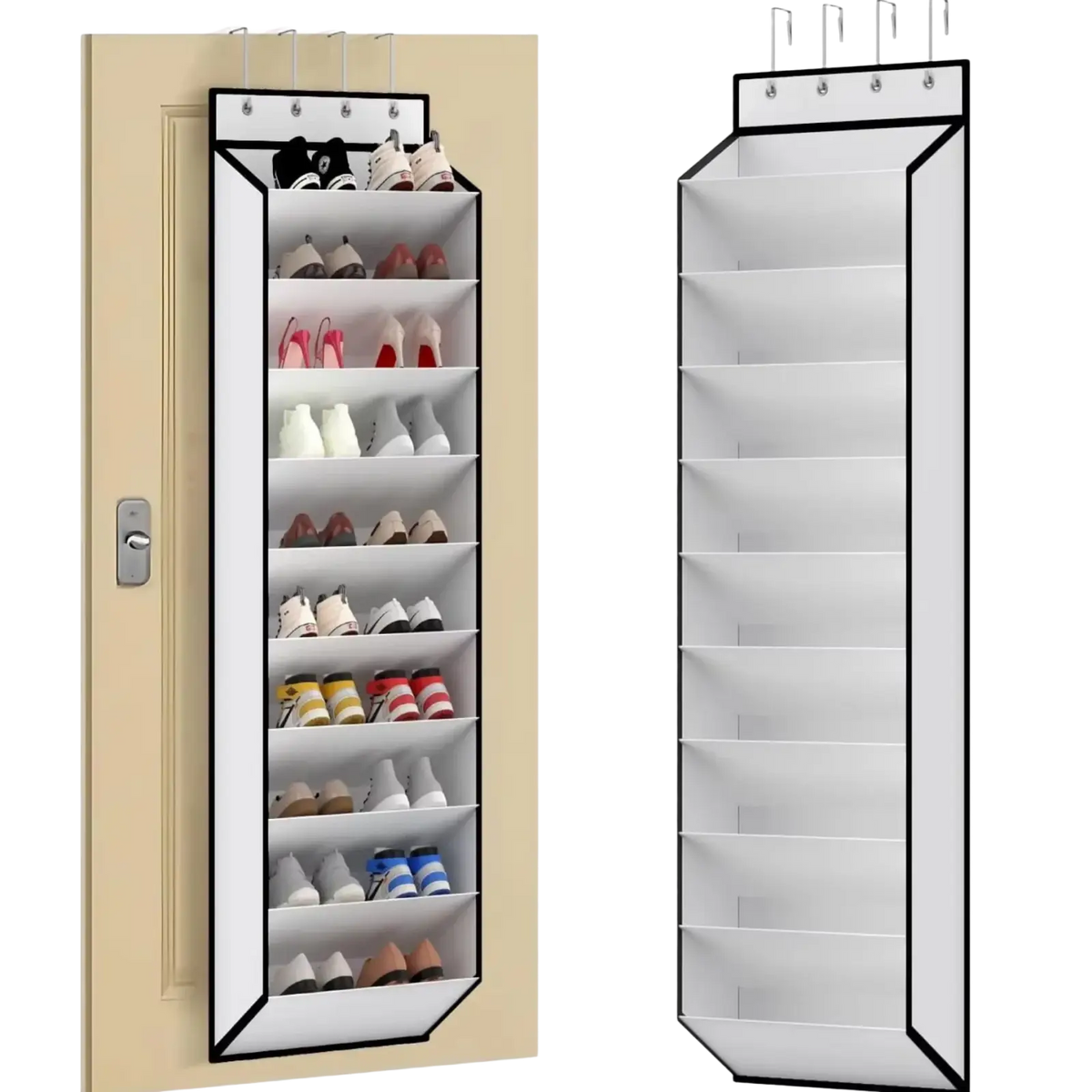 White 10 tier over the door shoe organizer with black trim and multiple compartments for door shoe storage
