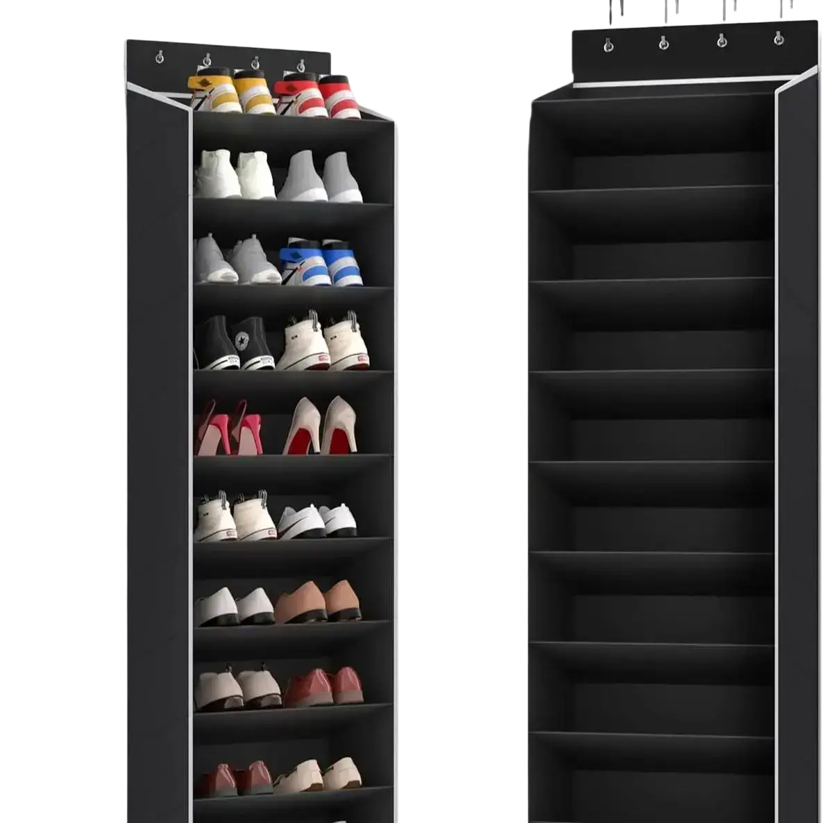 Black over the door shoe organizer with 10 tiers and hooks for efficient door shoe storage and organization