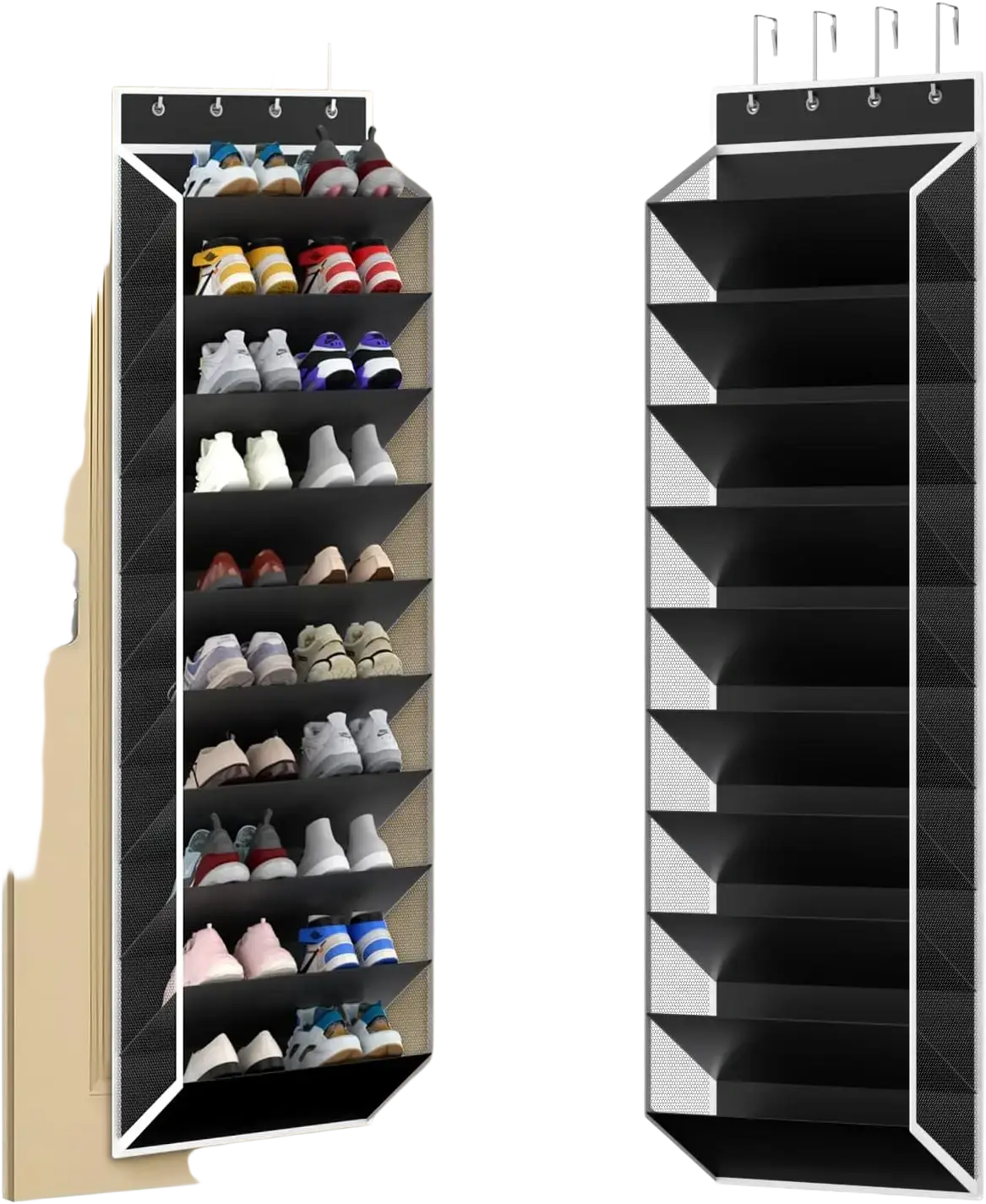 Black and white mesh over the door shoe organizer with 10 tier shelves for efficient door shoe storage