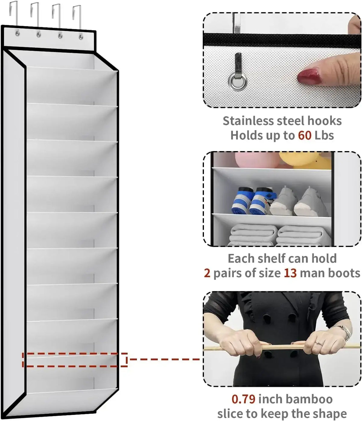 Over the door shoe organizer white 10 tier fabric with stainless steel hooks and bamboo slice shelves