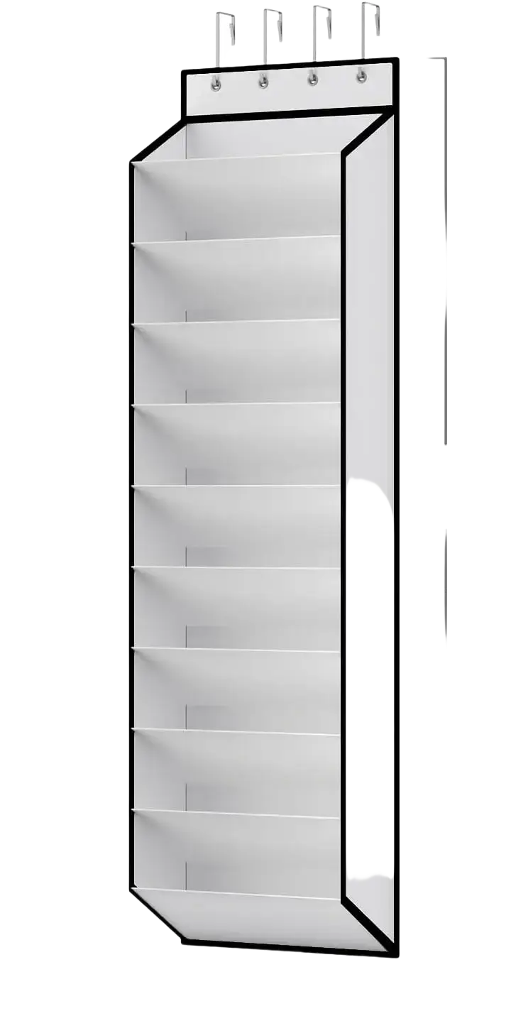 White fabric over the door shoe organizer with ten hanging slots and a top-mounted hook system for door shoe storage