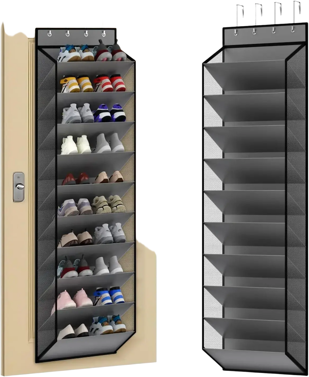 Gray mesh over the door shoe organizer with black trim and hooks for 10 tier white door shoe organizer