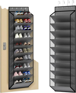Gray mesh over the door shoe organizer with black trim and hooks for 10 tier white door shoe organizer