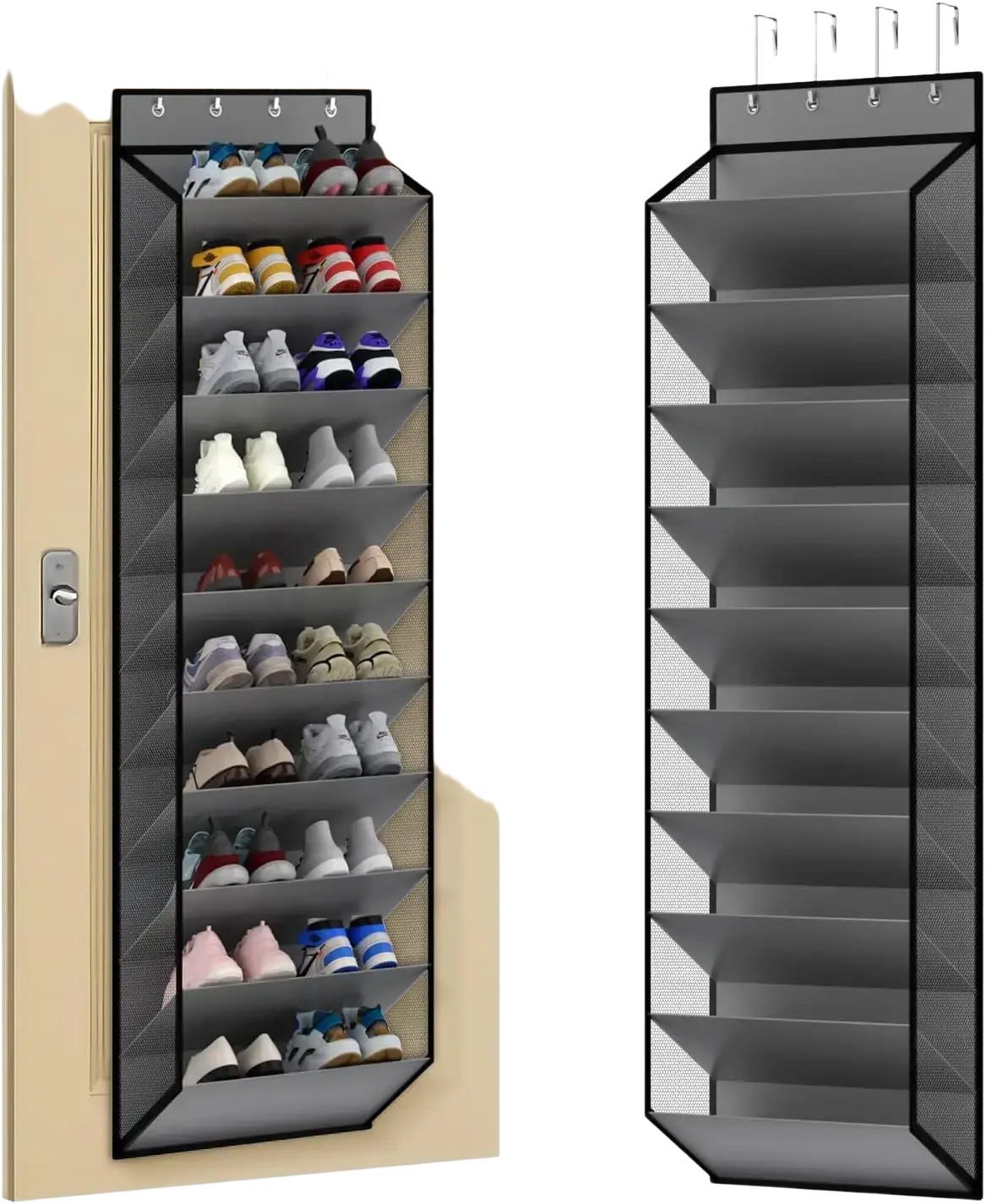 Gray mesh over the door shoe organizer with black trim and hooks for 10 tier white door shoe organizer