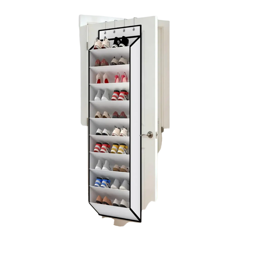 White mirrored 10 tier door shoe organizer with black trim hanging over a door for shoe storage