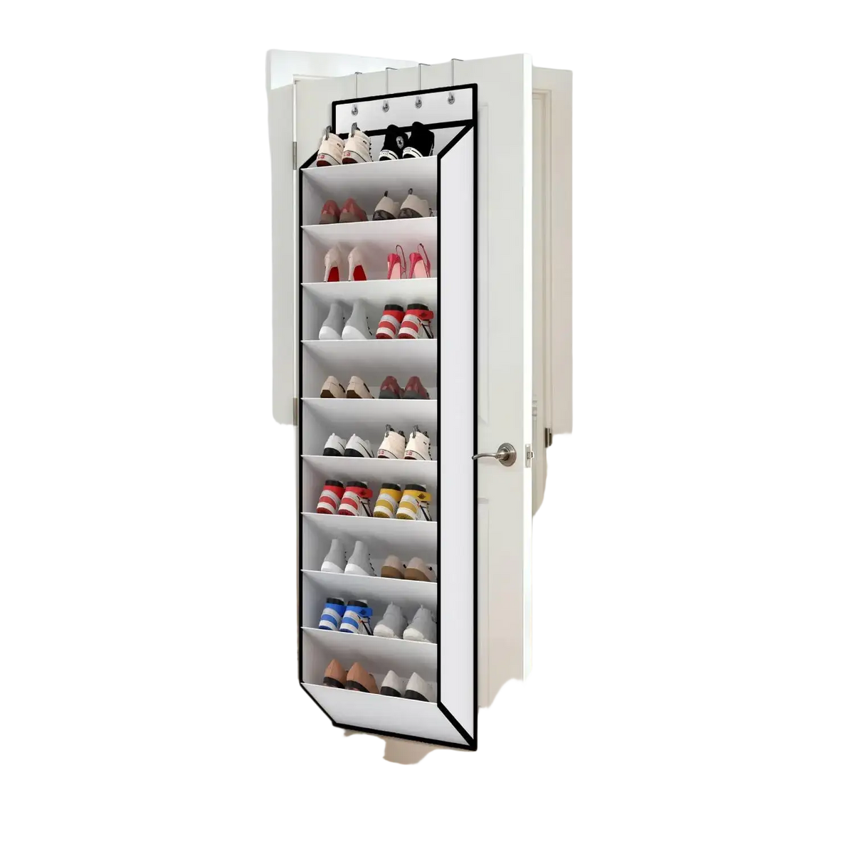 White mirrored 10 tier door shoe organizer with black trim hanging over a door for shoe storage