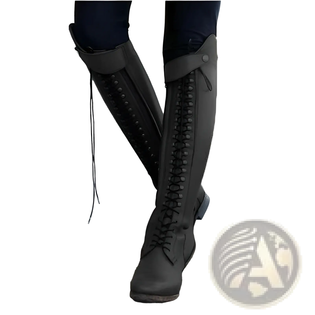 Black leather over the knee studded riding boots with sleek tall design lace up front and sturdy soles