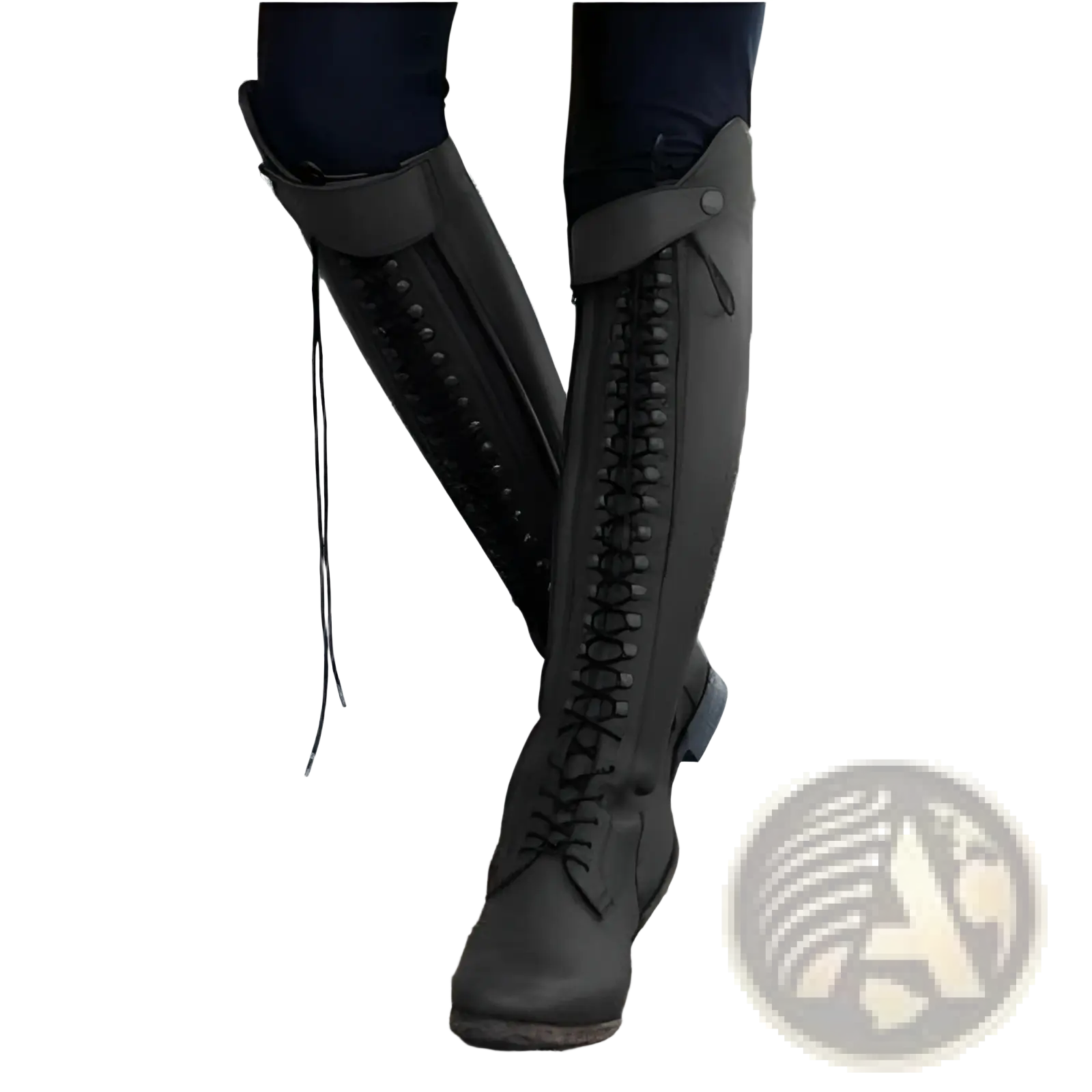 Black leather over the knee studded riding boots with sleek tall design lace up front and sturdy soles