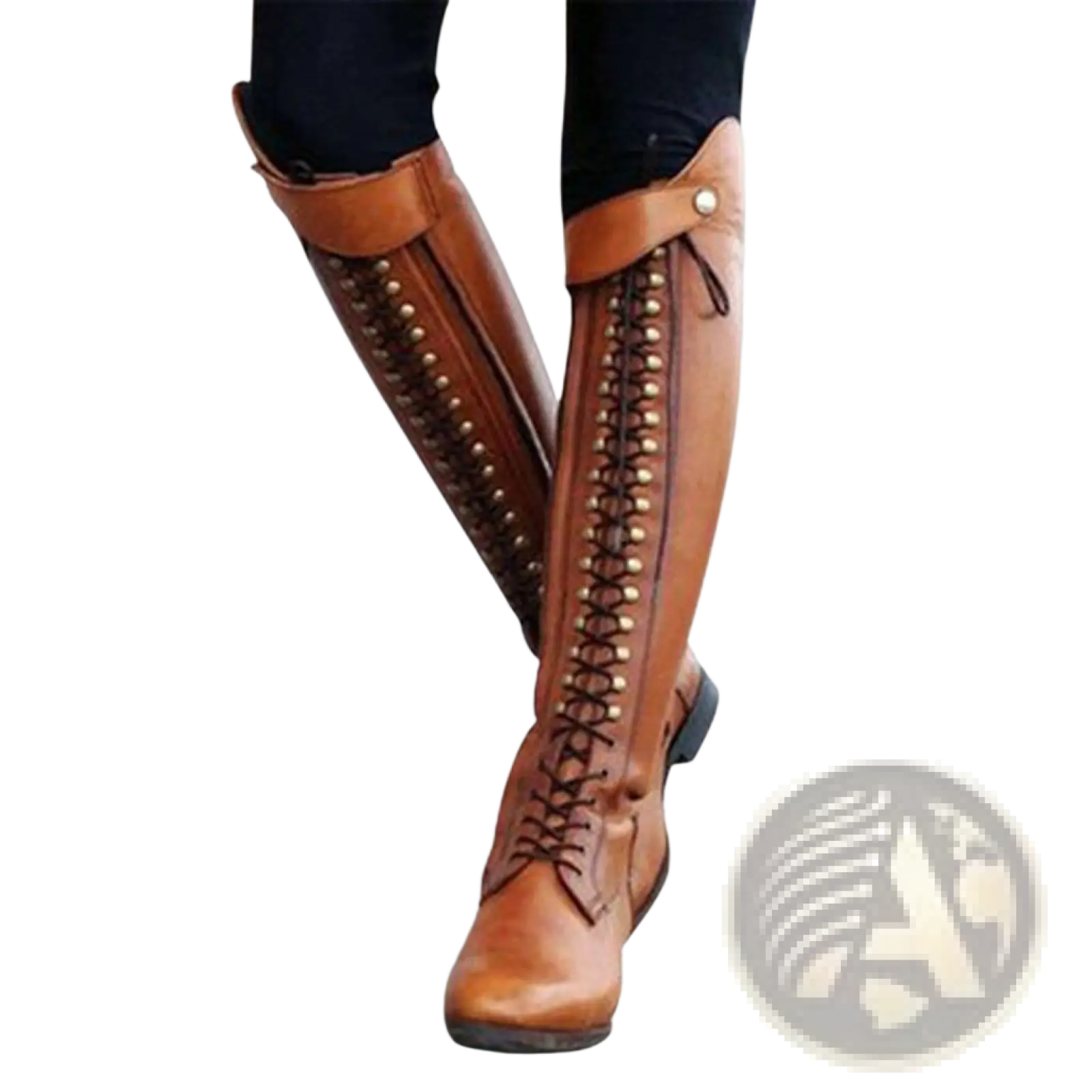 Over the knee tan leather riding boots with decorative brass studs along the lacing in front view