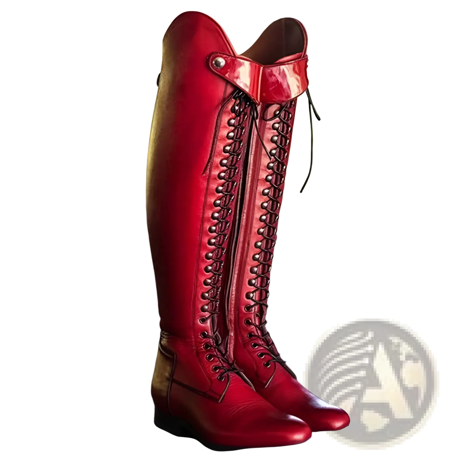 A pair of glossy red leather over the knee riding boots with black laces and silver eyelets designed for riding