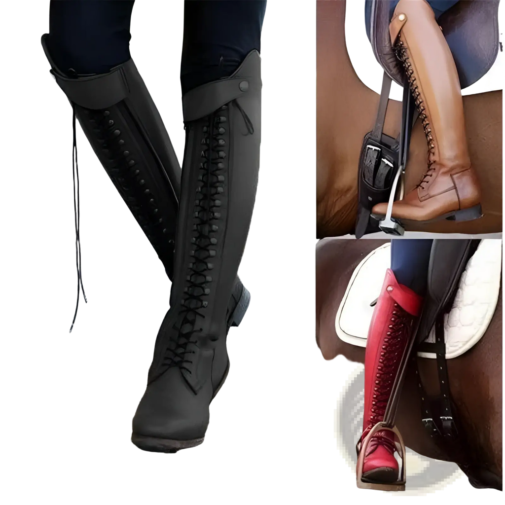 Over the knee black leather riding boots with laced fronts and adjustable straps for a secure fit