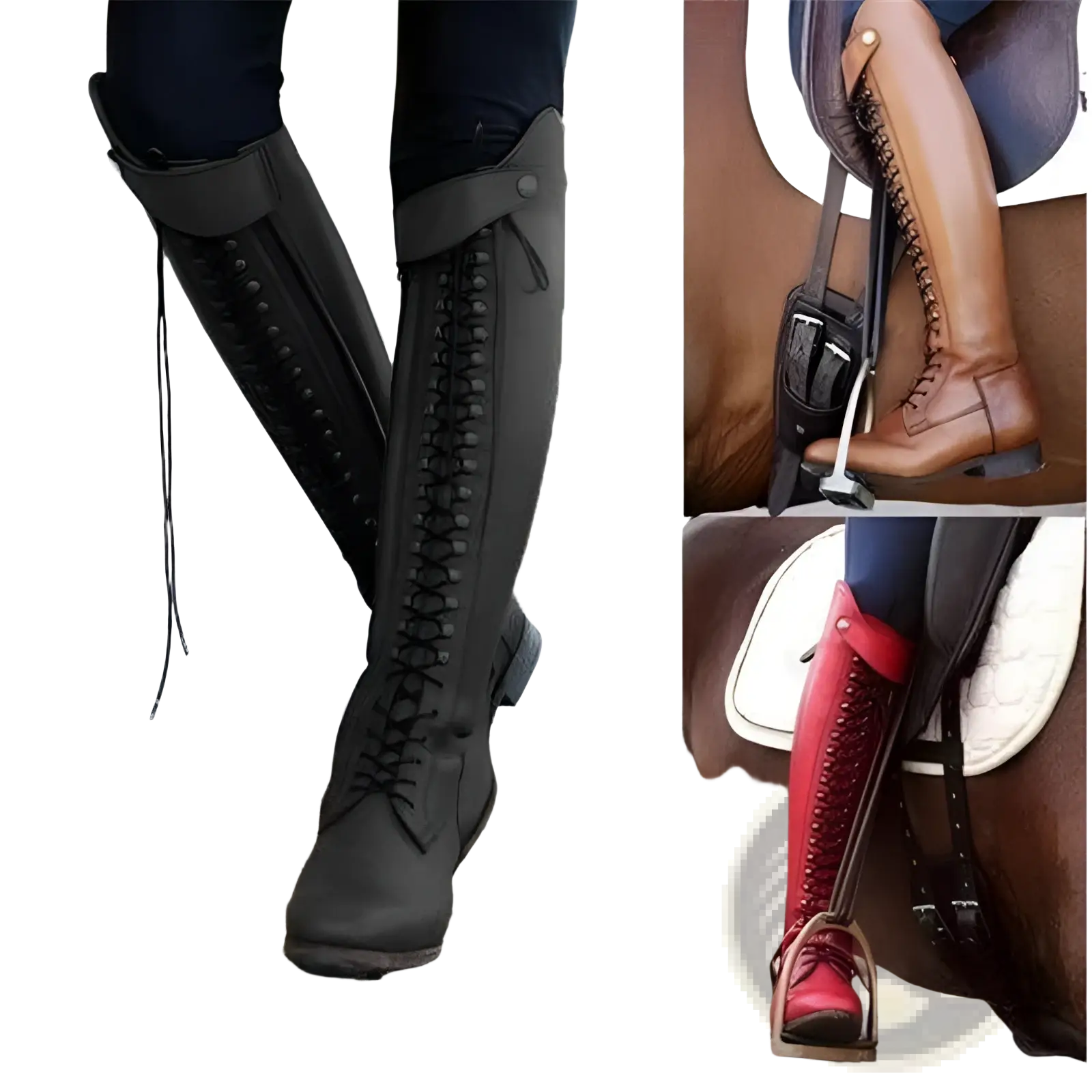 Over the knee black leather riding boots with laced fronts and adjustable straps for a secure fit