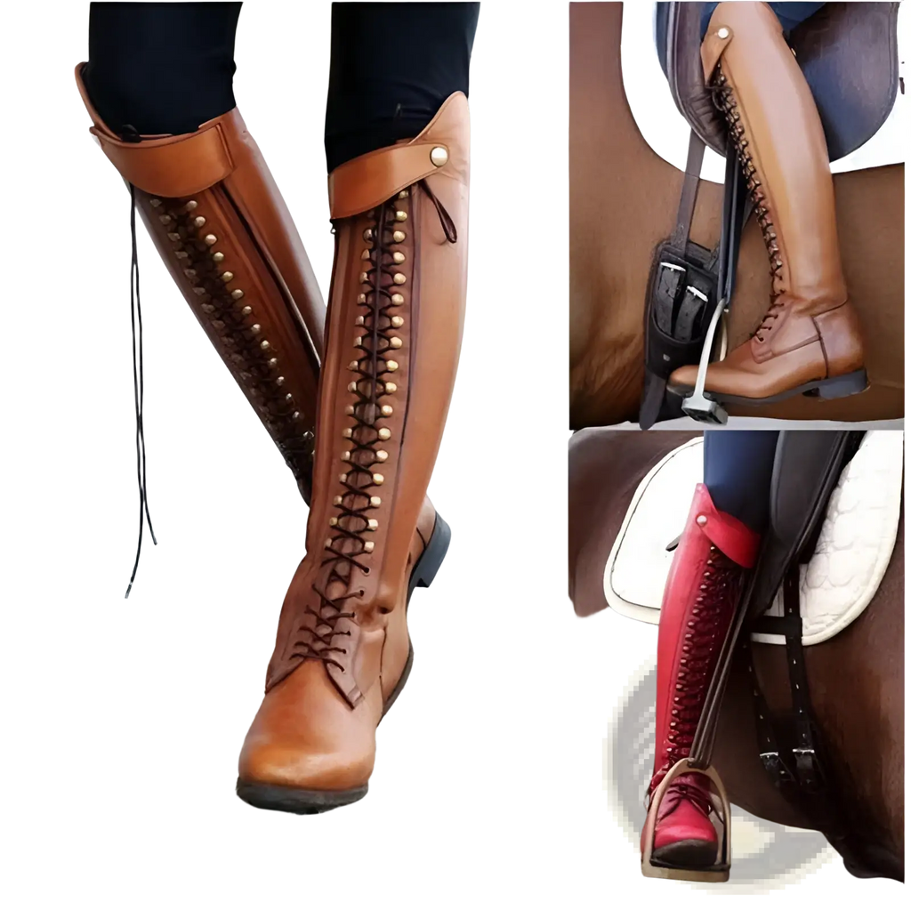 Over the knee brown leather riding boots with gold toned studs and laces featuring a classic equestrian design