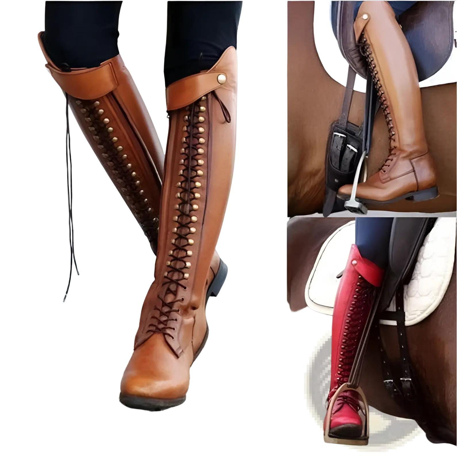 Over the knee brown leather riding boots with gold toned studs and laces featuring a classic equestrian design