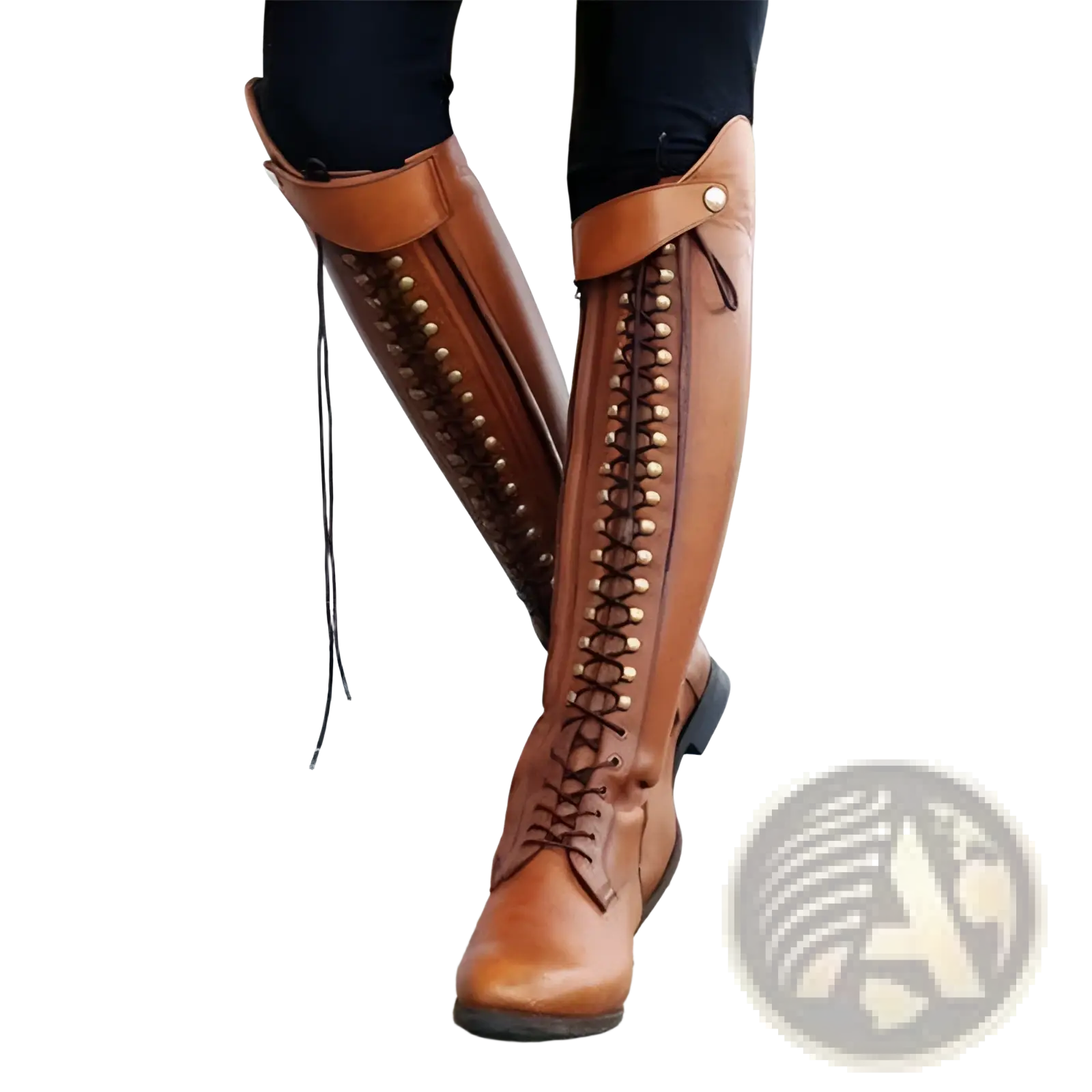 Brown leather over the knee riding boots with decorative gold toned studs along the front lacing
