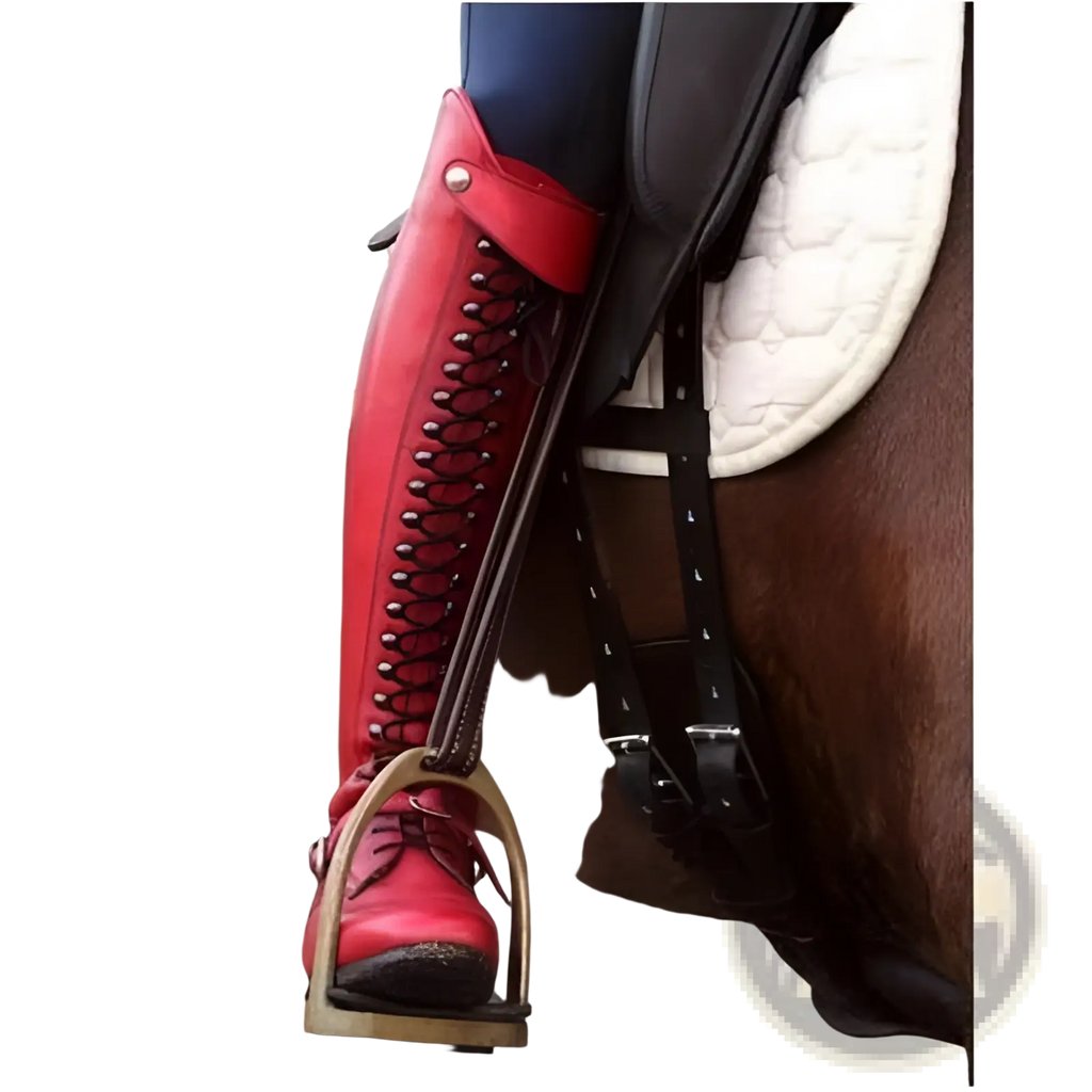 Over the knee red leather studded riding boot with black lacing silver eyelets paired with gold stirrup