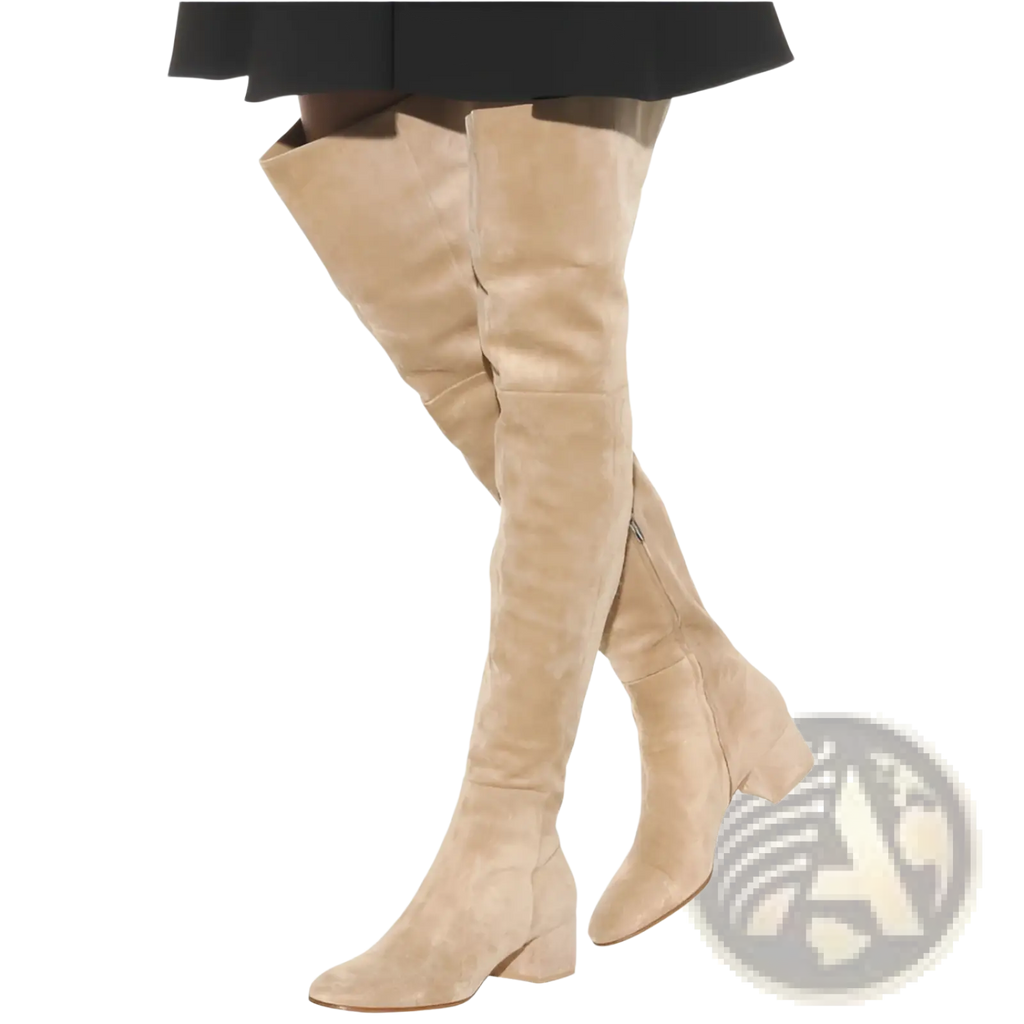 Beige suede over the knee boots with low block heel shown from the back side for stylish comfort