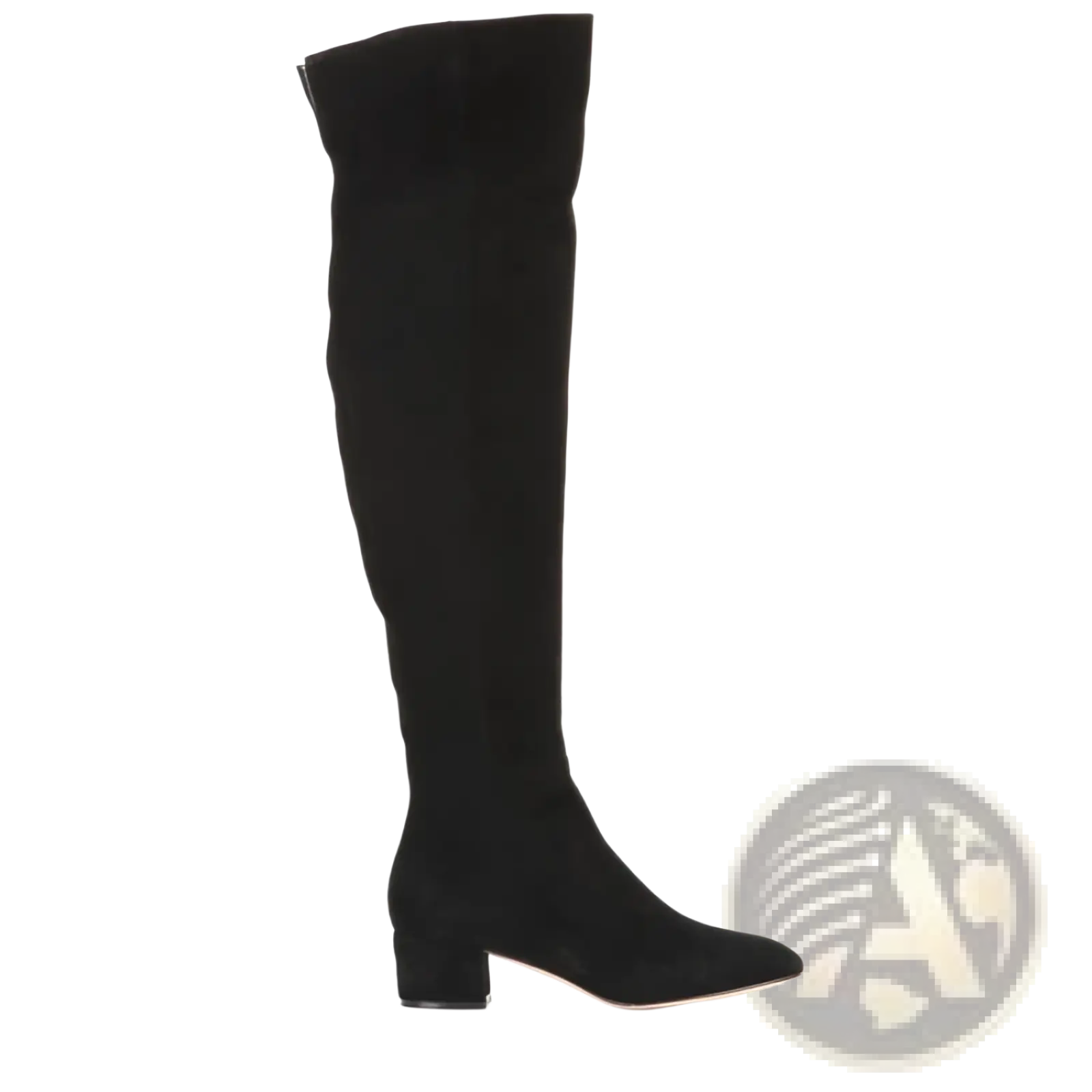 Black suede over the knee boot with low block heel shown from the back side for stylish comfortable wear