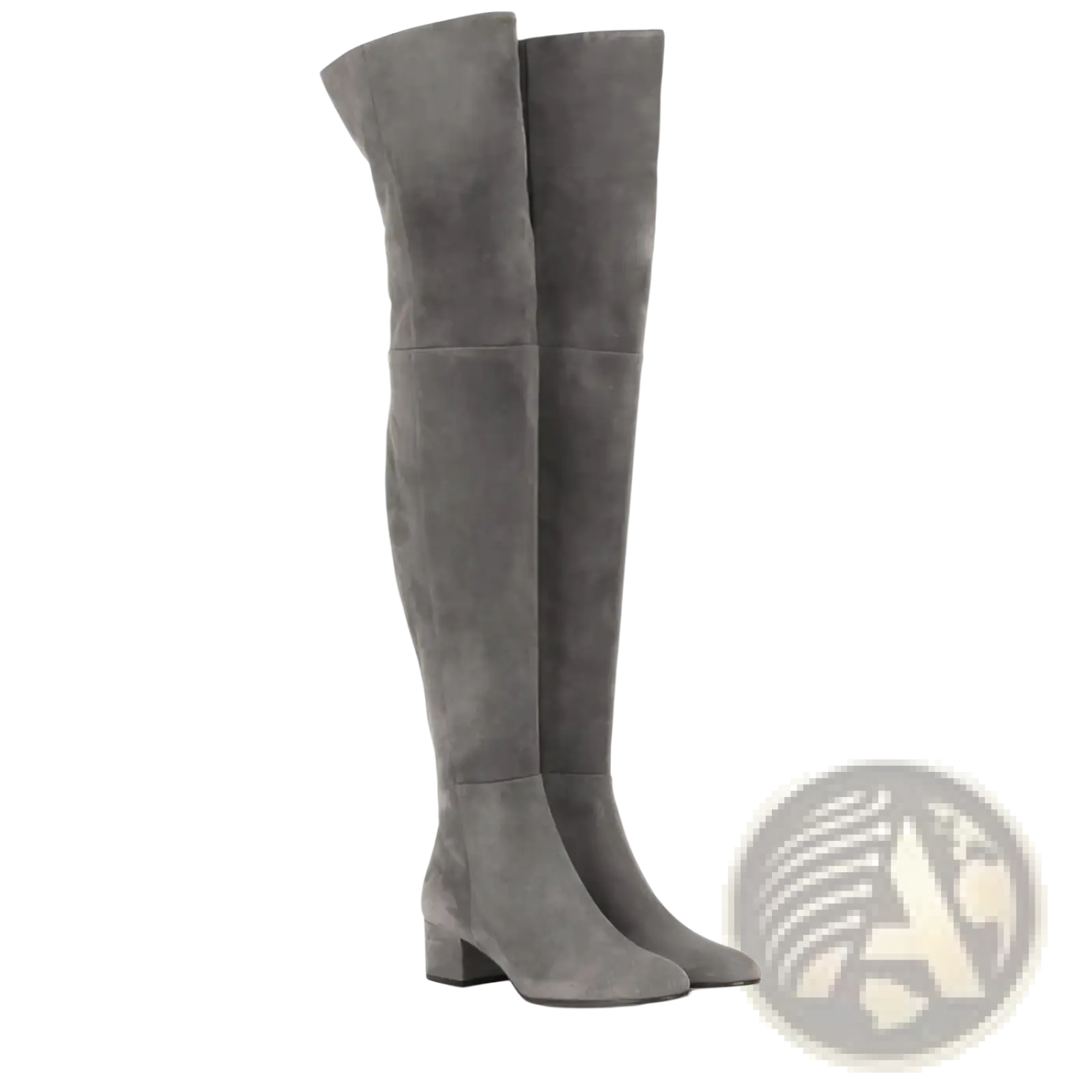 A pair of sleek over the knee suede boots in soft gray with a low block heel for stylish comfort