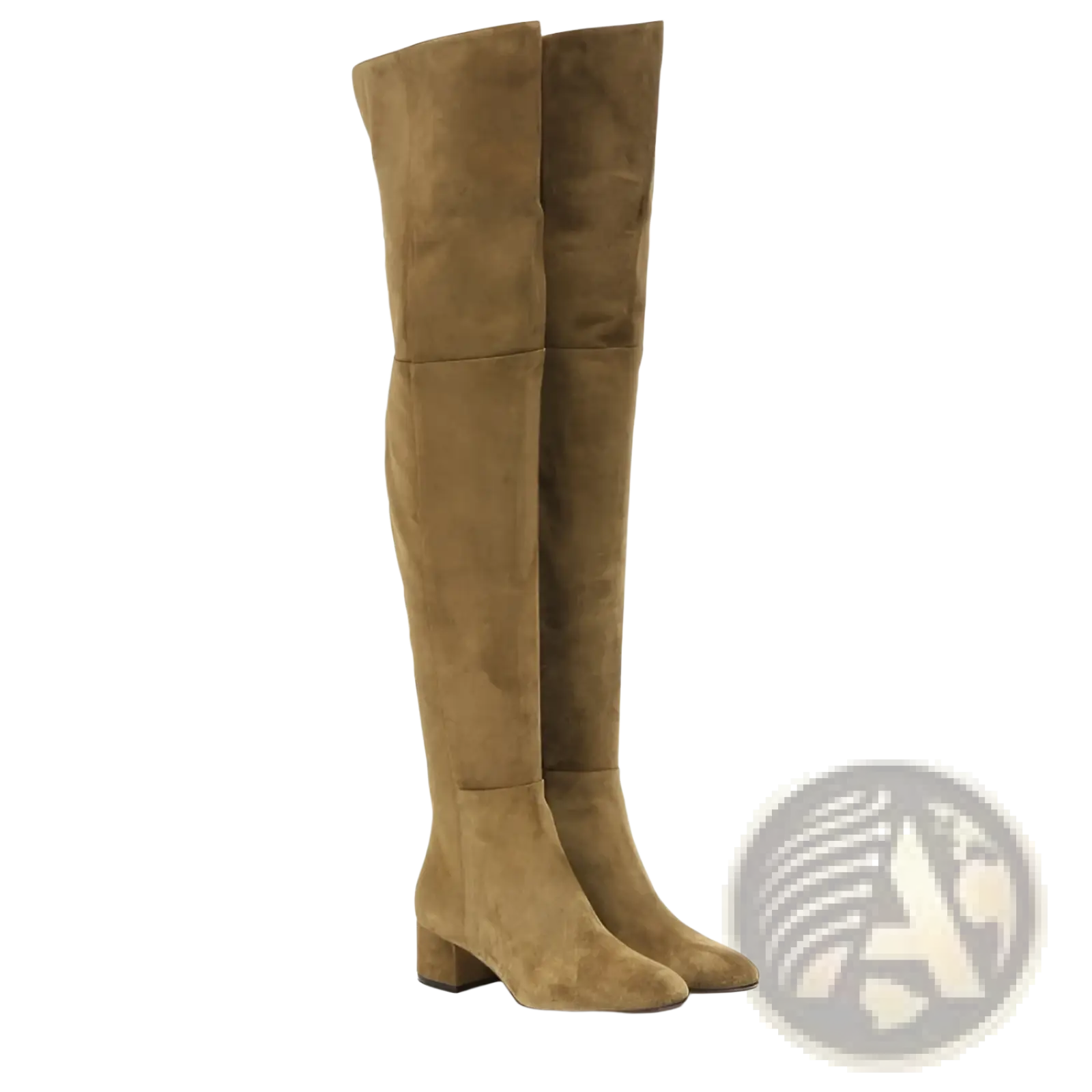 Tan suede over the knee boots with a low block heel shown from the back side