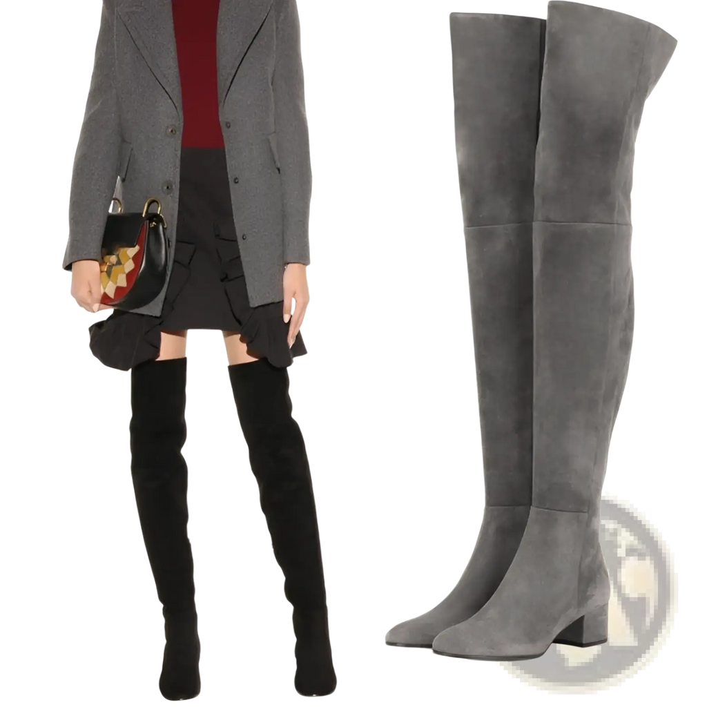 Gray suede over the knee boots with a low block heel ideal for stylish and comfortable wear