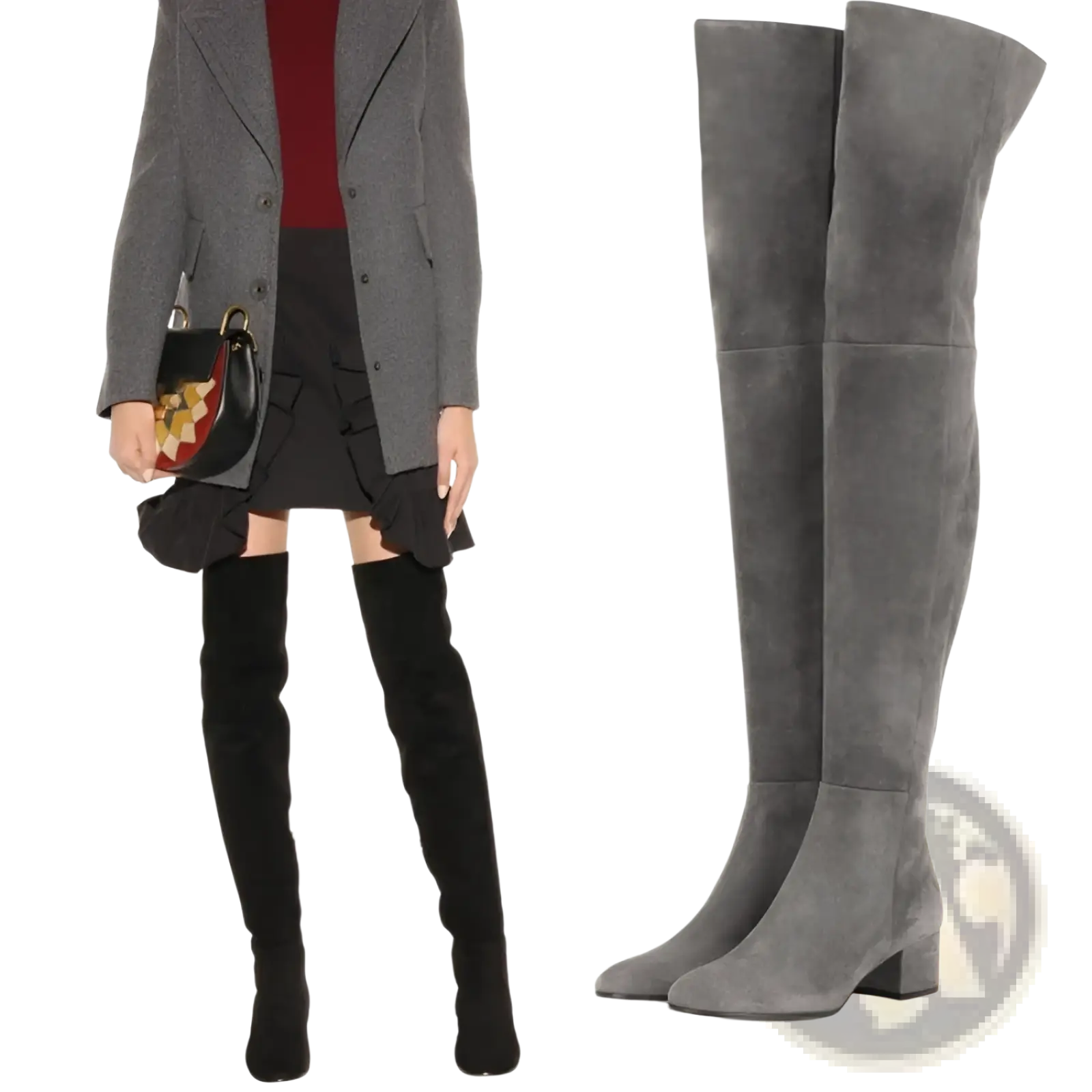 Gray suede over the knee boots with a low block heel ideal for stylish and comfortable wear