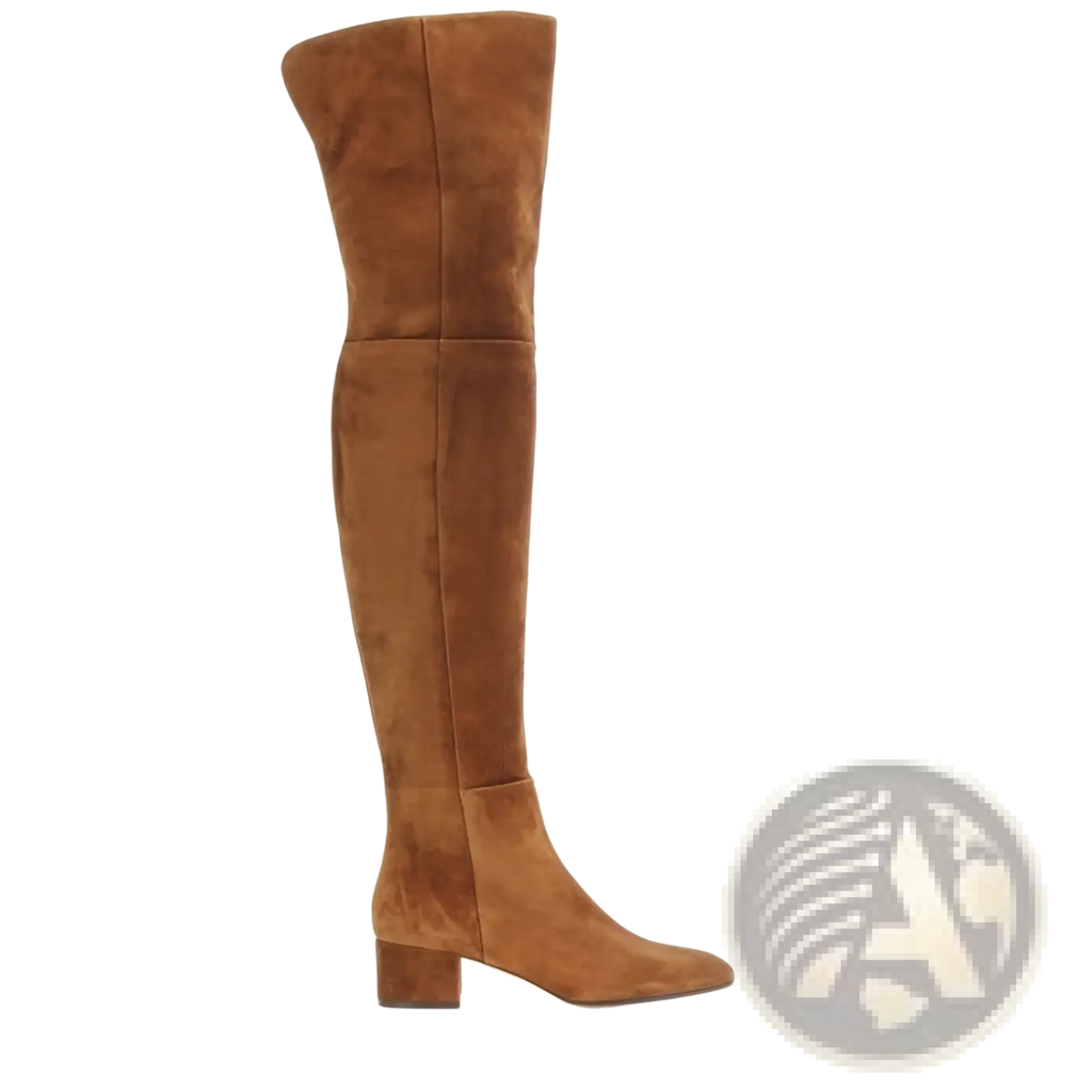 Tan suede over the knee boot with a low block heel shown from the backside for stylish comfortable wear